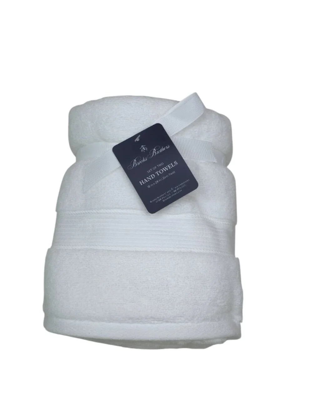 Brooks Brothers Set Of Two White Hand Towels 18x28 Inch Zero Twist 100% Cotton